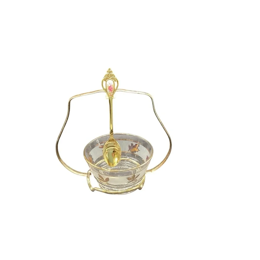 Vintage Libbey Golden Foliage‎ Frosted Condiment Dish Glass with Gold-Tone